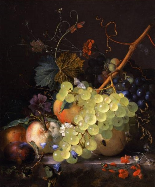 Jan van Huysum Still-life of grapes and a peach on a table-top